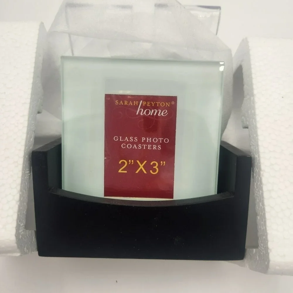 Set of 4 Frosted Glass Photo‎ Coasters with Wood Stand by Sarah Peyton Home